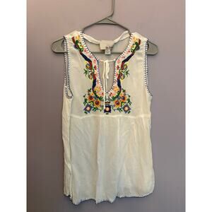 Anthropologie Chloe Oliver Embroidered Sheer White Peasant Top Blouse Small